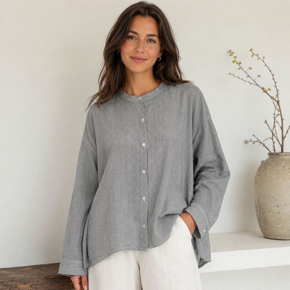 Eileen Fisher Organic Cotton Linen Pinstripe Shirt L Black White Oversized Boxy